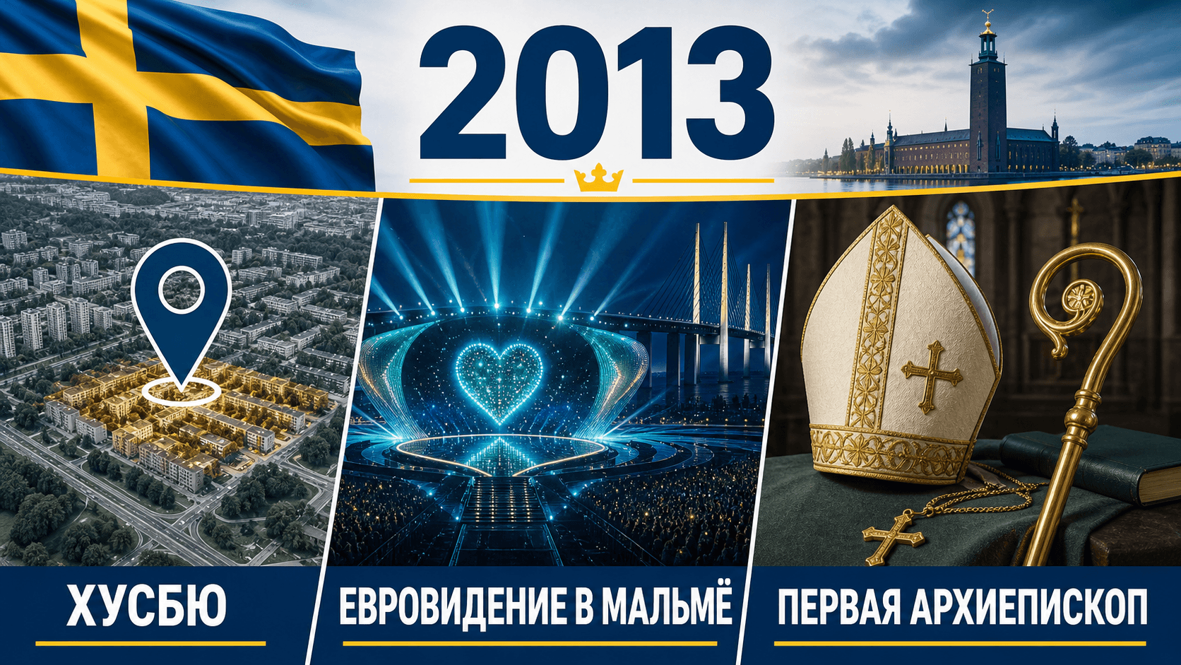 Инфографика о Швеции 2013 года с картой Хусбю, сценой Евровидения и символом церковного лидерства.