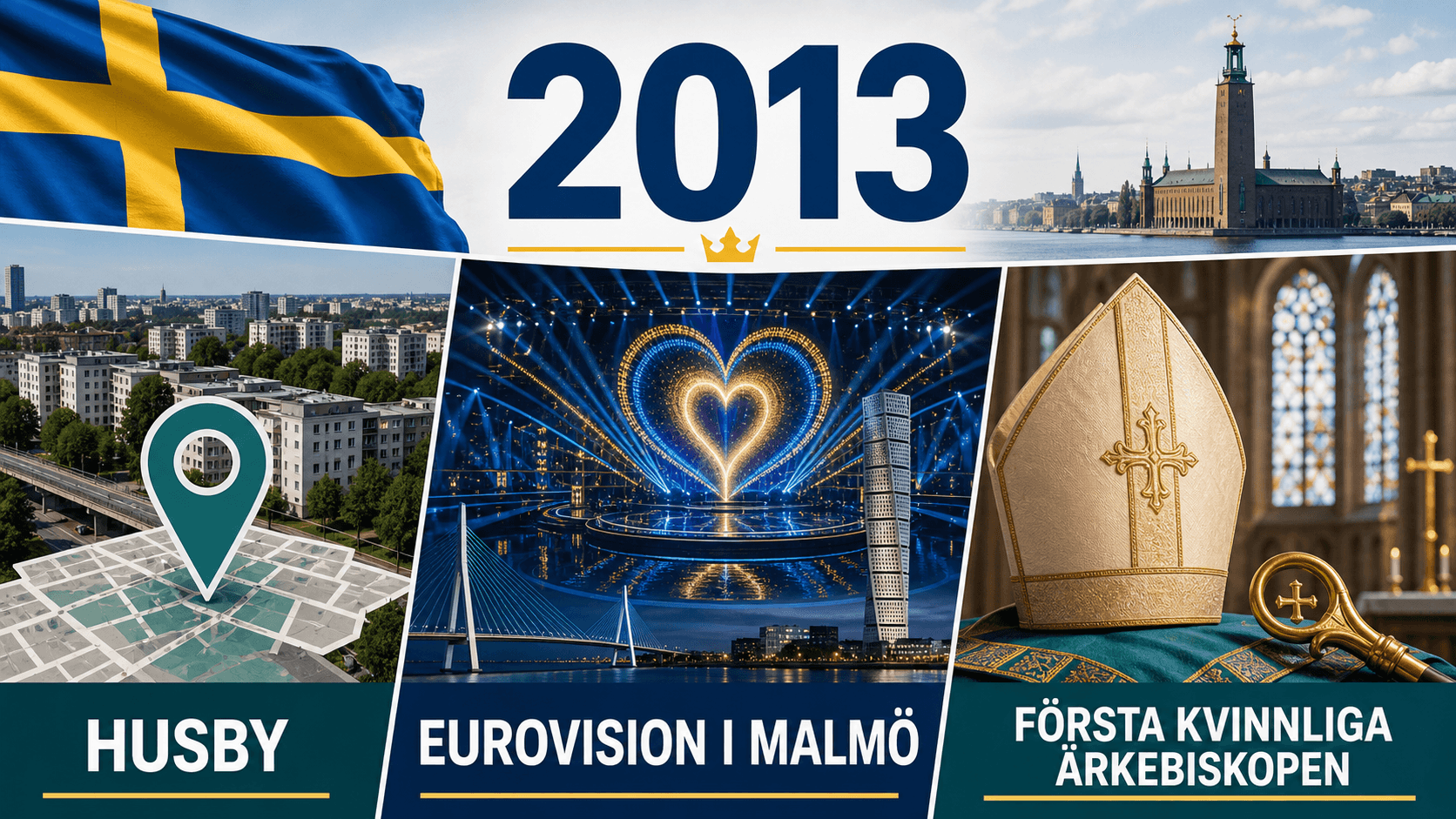 Infografik för Sverige 2013 med Husby-kartsymboler, Eurovision-scen och kyrklig ledarskapsikon.