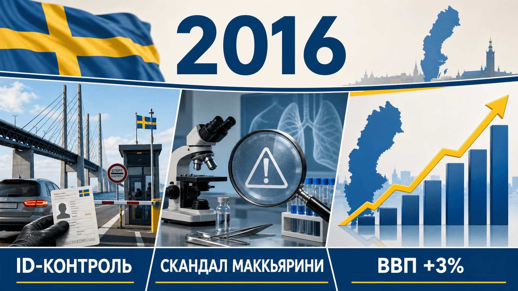 Инфографика о Швеции 2016 года с ID-контролем, символами медицинской проверки и растущим графиком ВВП.