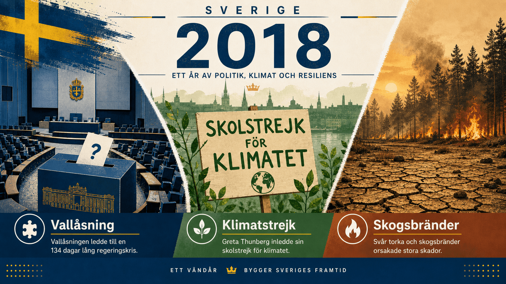 Infografik för Sverige 2018 med vallåsning, klimatstrejksskylt och skogsbrandssymboler.