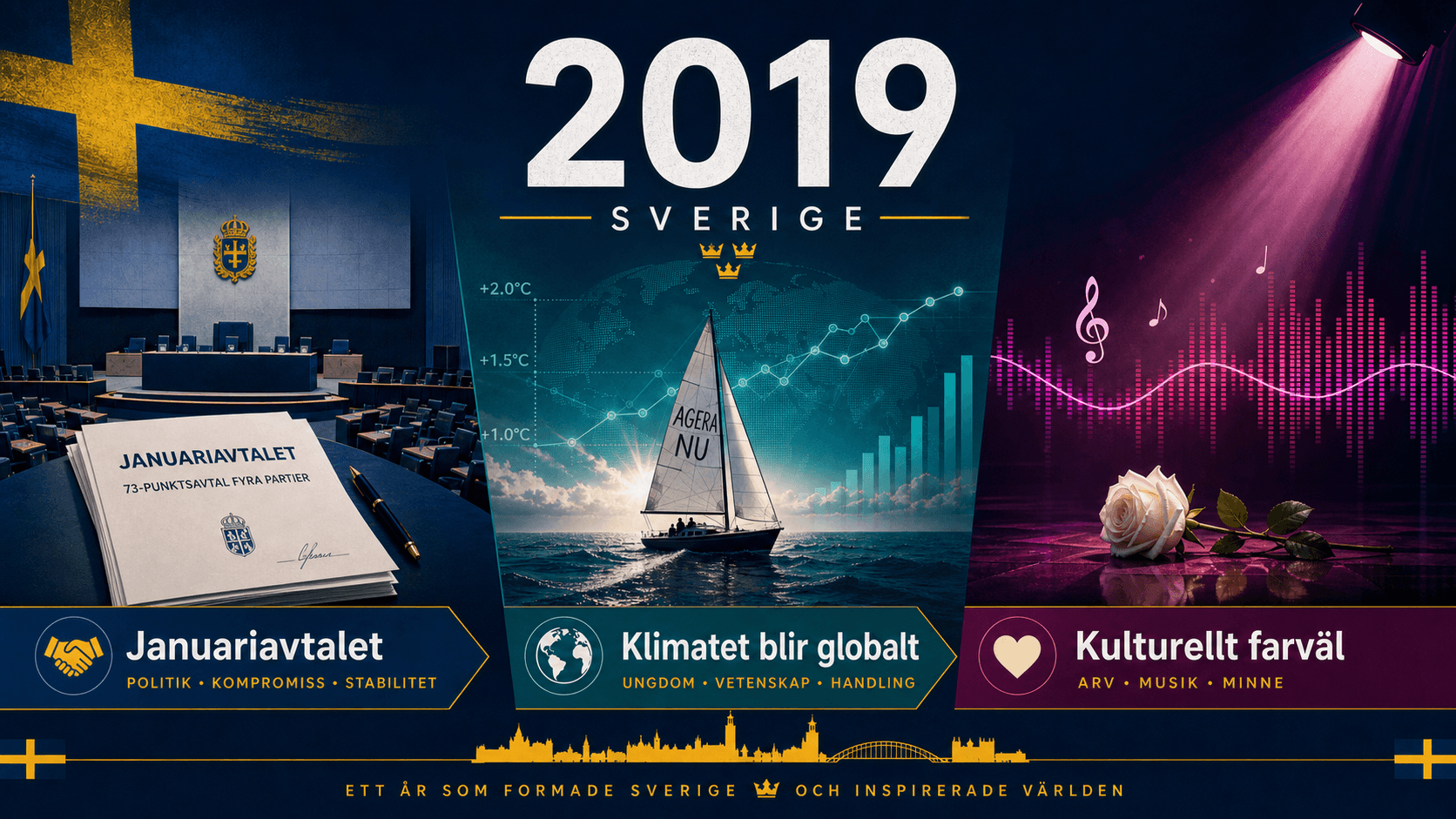 Infografik för Sverige 2019 med avtalsdokument, klimatresa och musikvågssymboler.