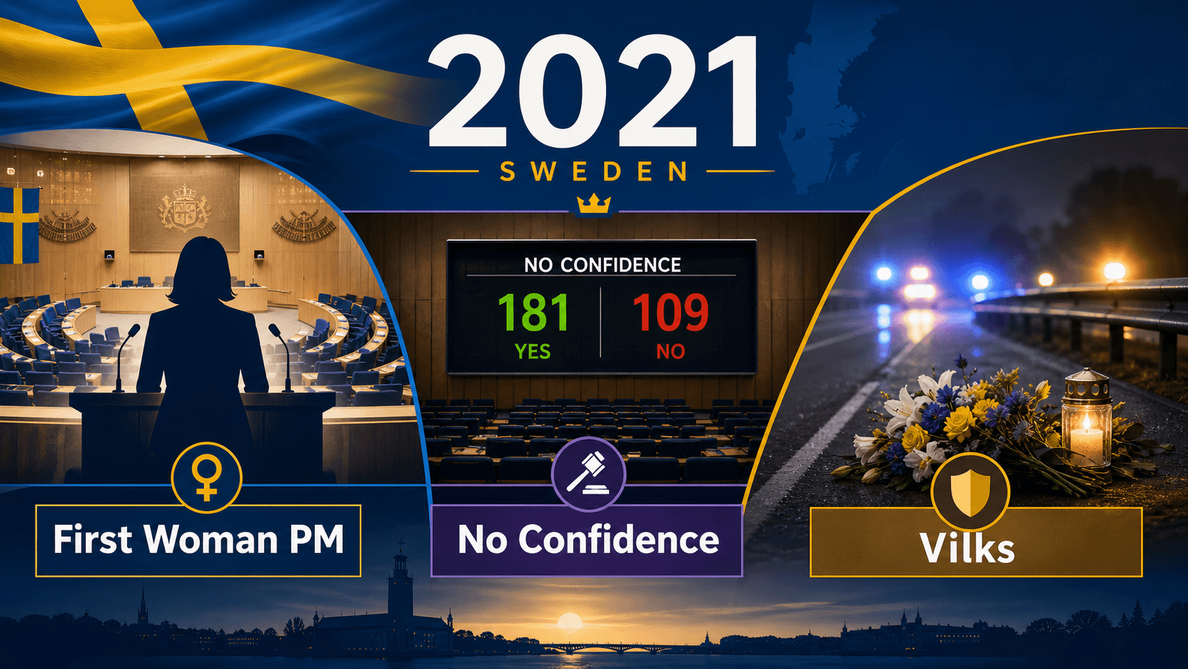 Infographic for Sweden in 2021 with Riksdag chamber, confidence vote board, and guarded road memorial symbols.