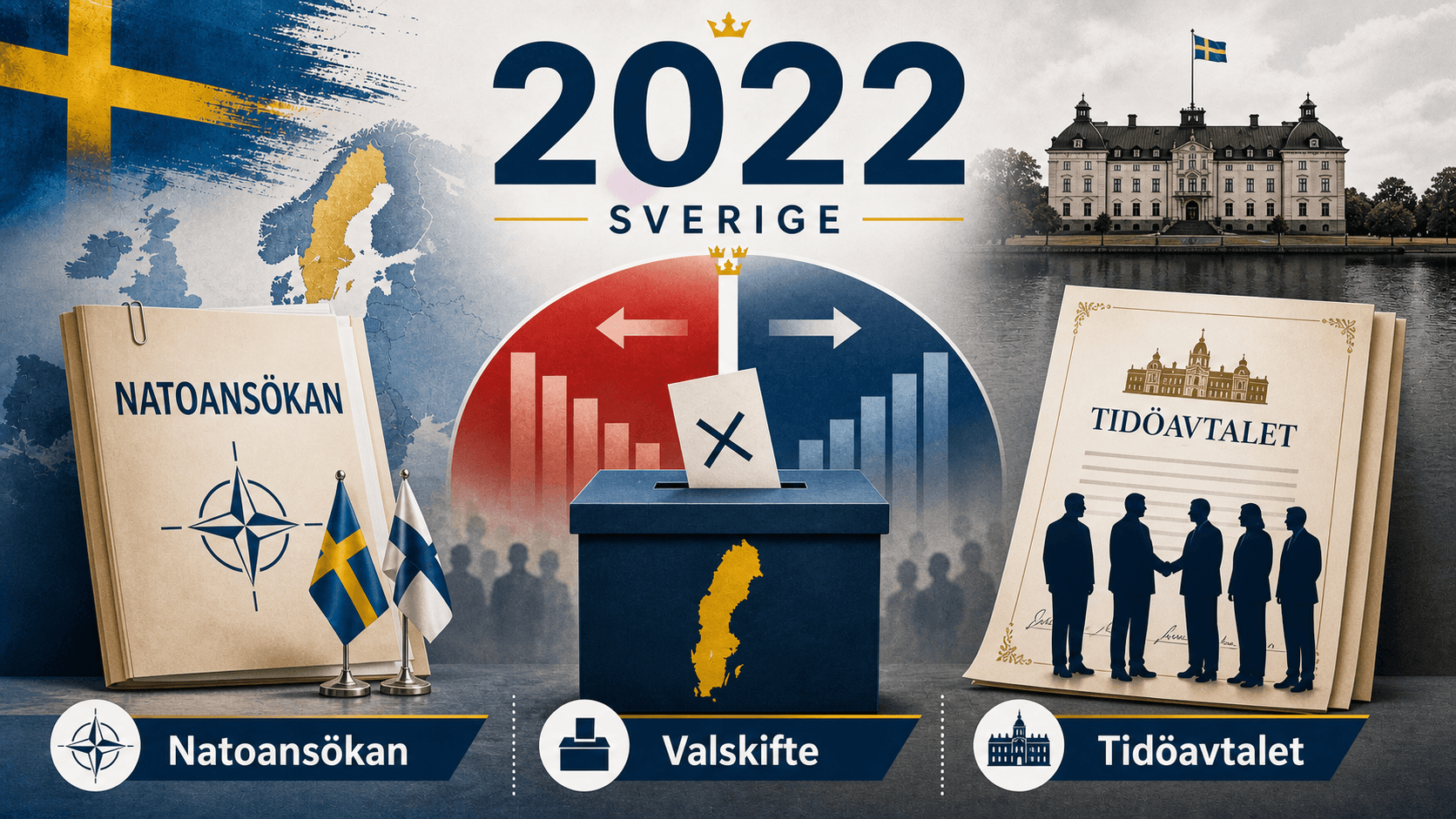 Infografik för Sverige 2022 med Natoansökan, valskifte och Tidöavtalssymboler.