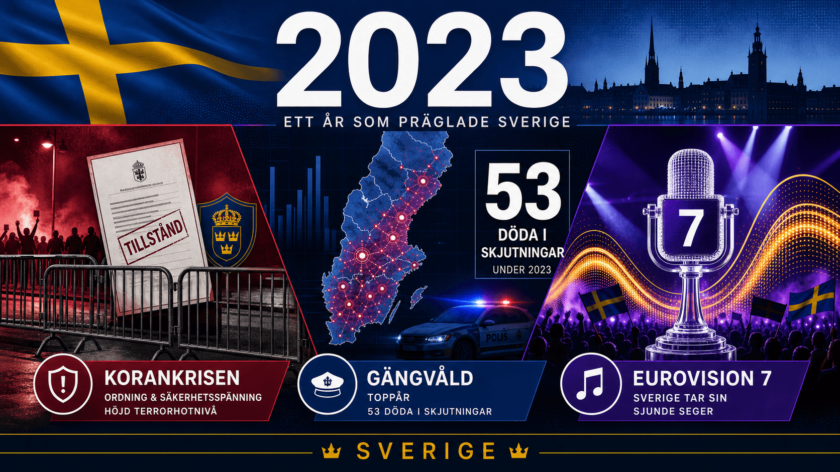 Infografik för Sverige 2023 med ordningsdokument, kartstatistik över skjutningar och Eurovisionscen.