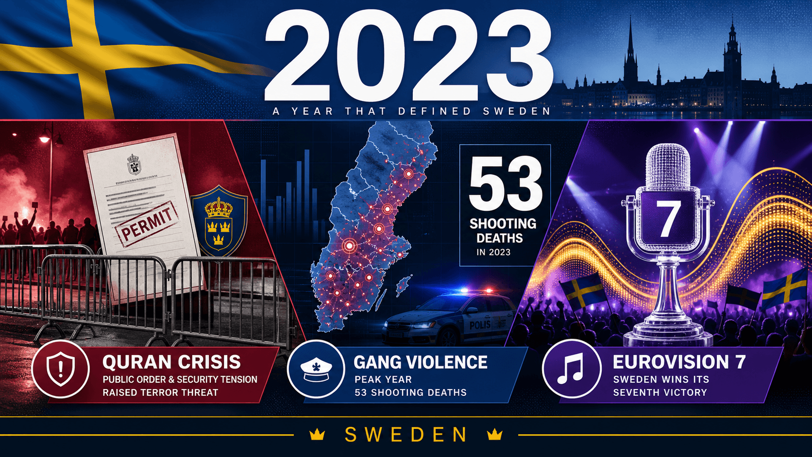 Infographic for Sweden in 2023 with public-order document, shooting statistic map, and Eurovision stage symbols.