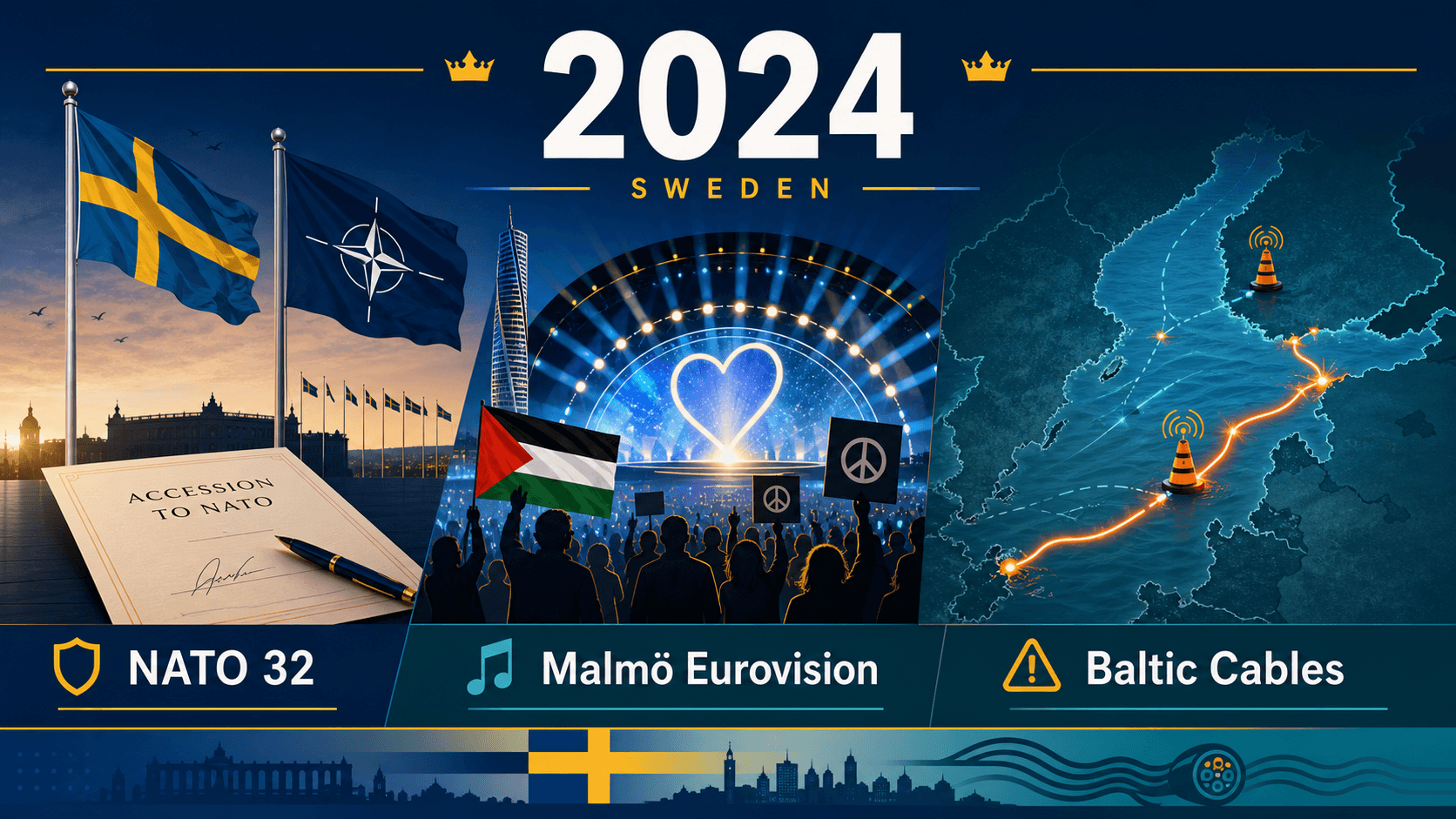 Infographic for Sweden in 2024 with NATO flags, Malmö Eurovision scene, and Baltic cable map symbols.