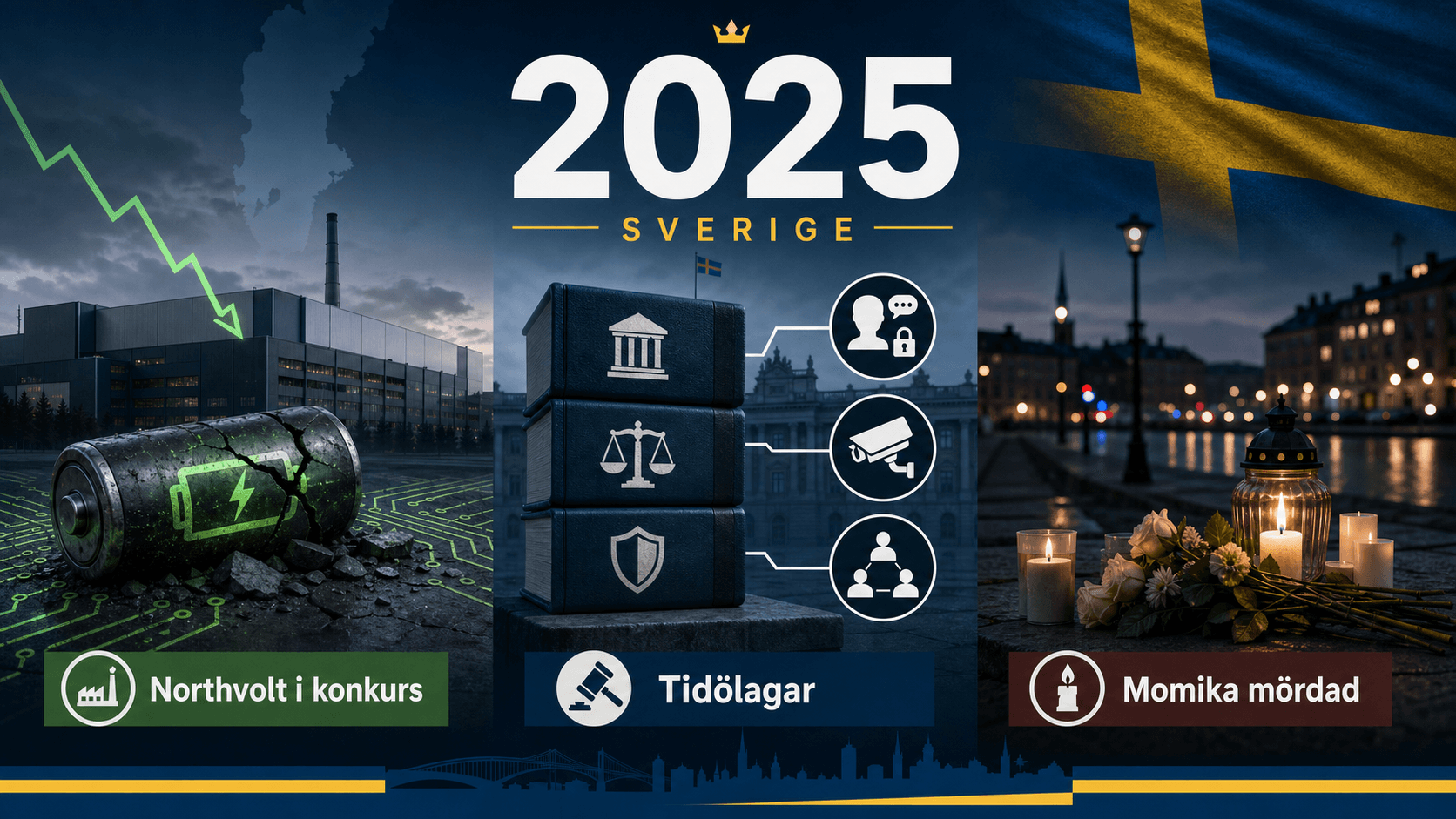 Infografik för Sverige 2025 med batterifabrik, juridiska reformsymboler och gatuminne.