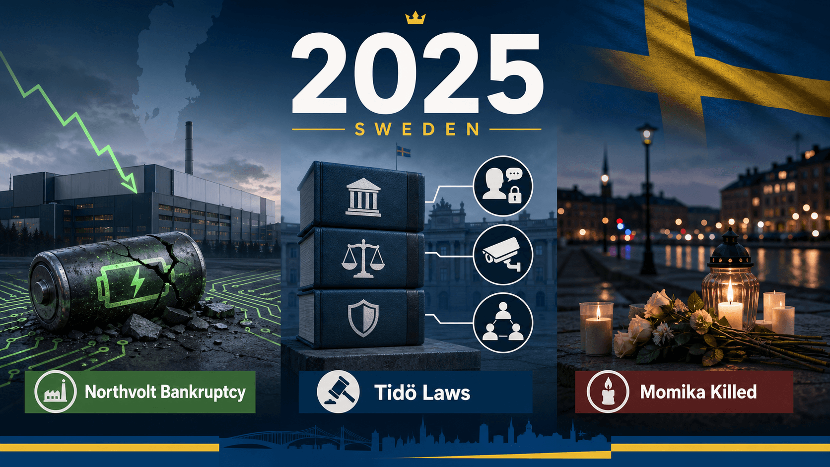 Infographic for Sweden in 2025 with battery factory, legal reform icons, and street memorial symbols.