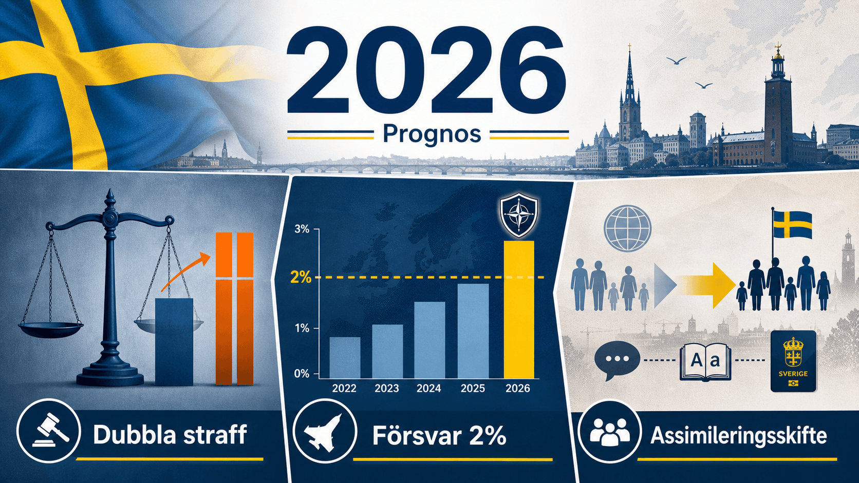 Prognosinfografik för Sverige 2026 med straffvåg, försvarsbudgetdiagram och assimileringssymboler.