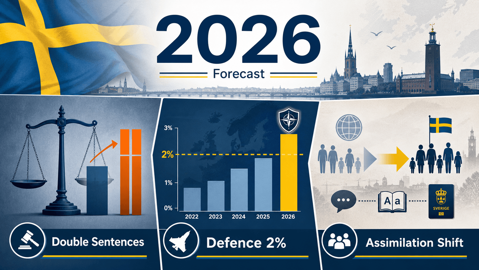 Forecast infographic for Sweden in 2026 with sentencing scales, defence budget chart, and assimilation-policy symbols.