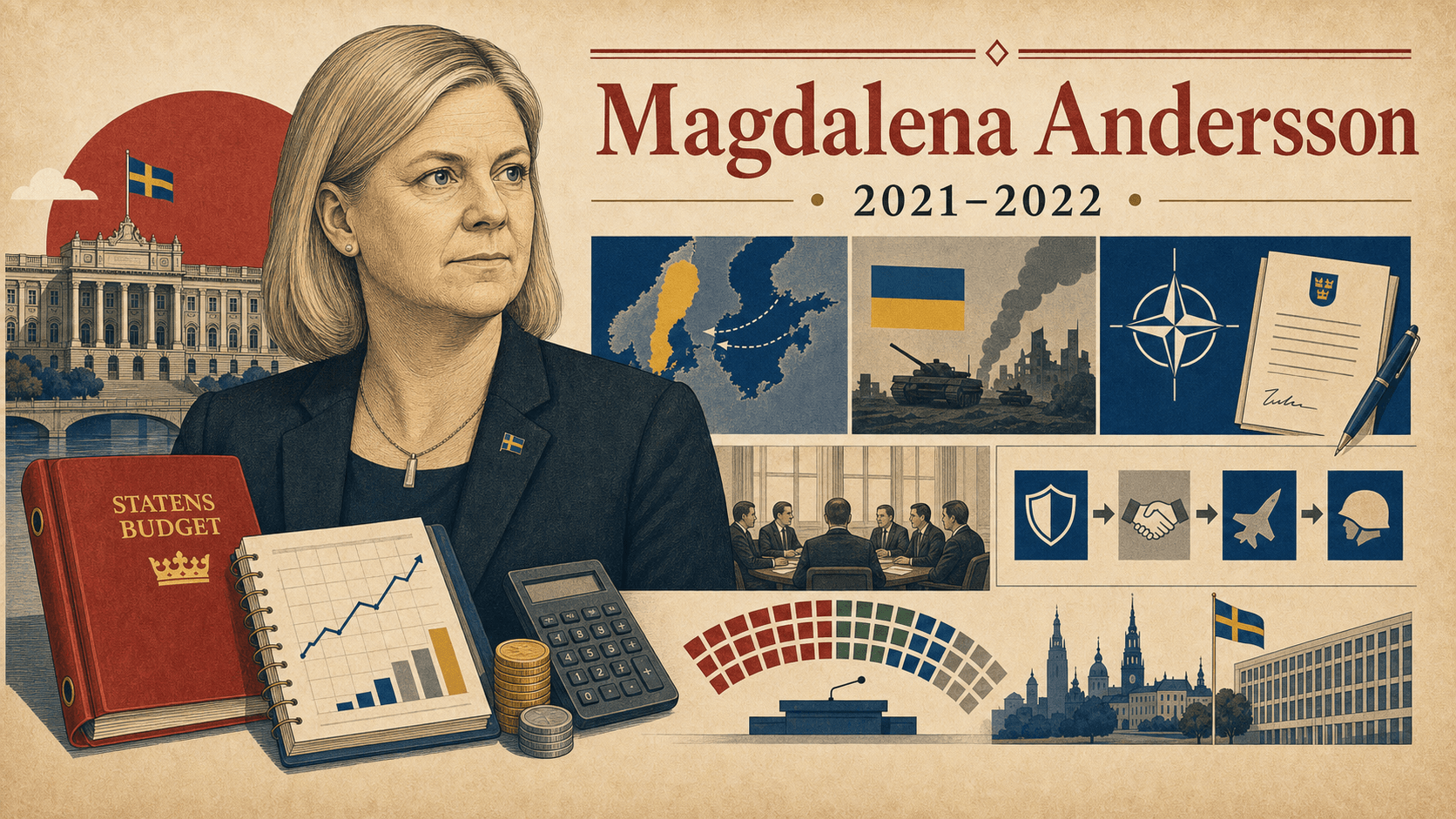 Redaktionell illustration för statsminister Magdalena Andersson.