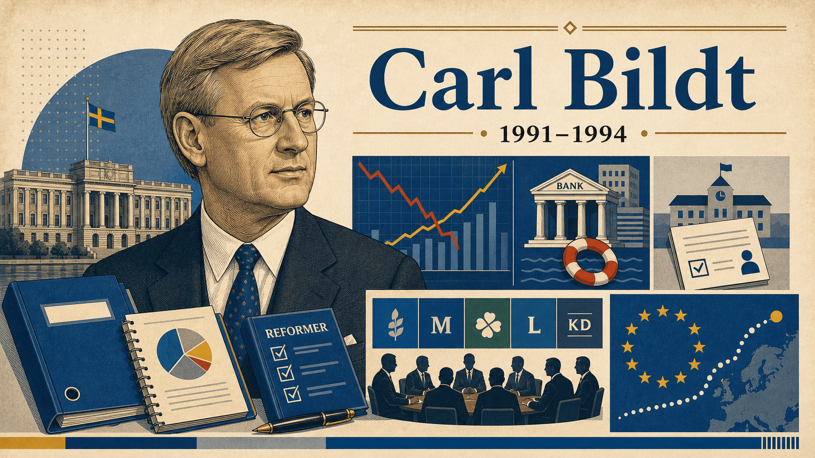 Redaktionell illustration för statsminister Carl Bildt.