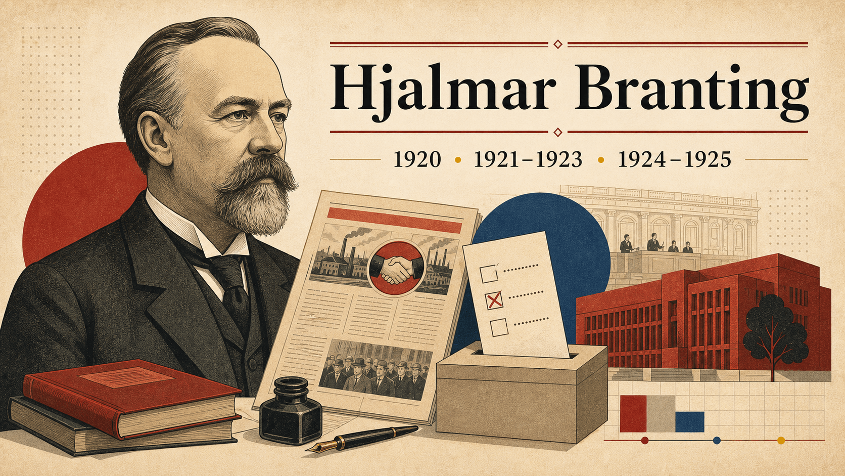 Redaktionell illustration för statsminister Hjalmar Branting.