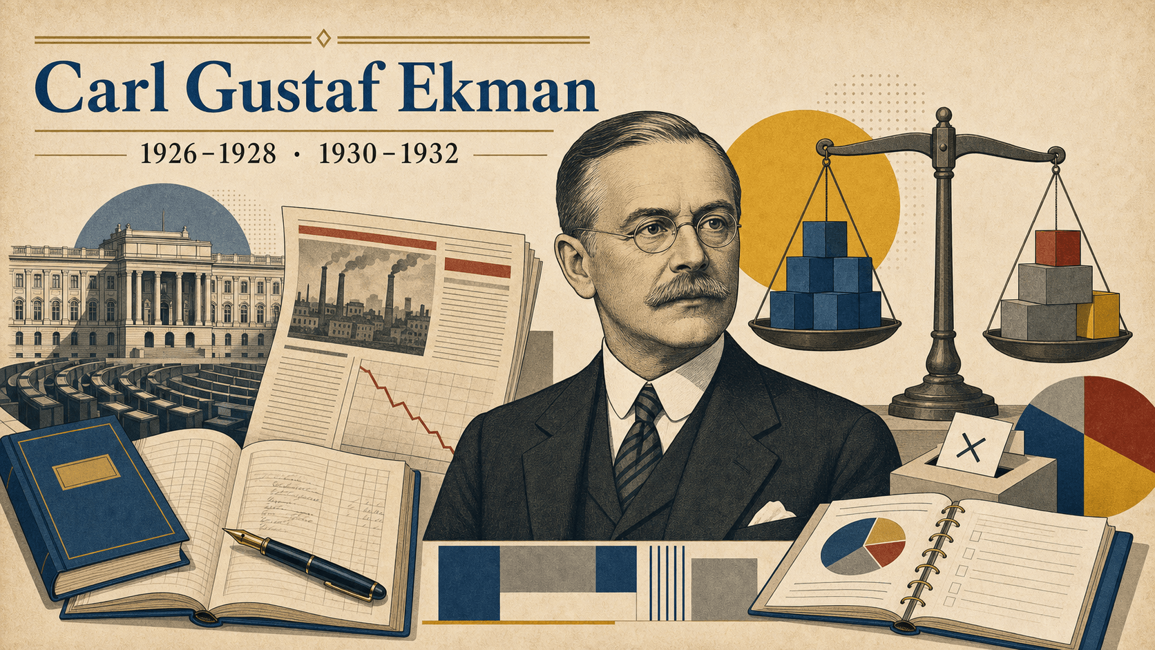 Redaktionell illustration för statsminister Carl Gustaf Ekman.