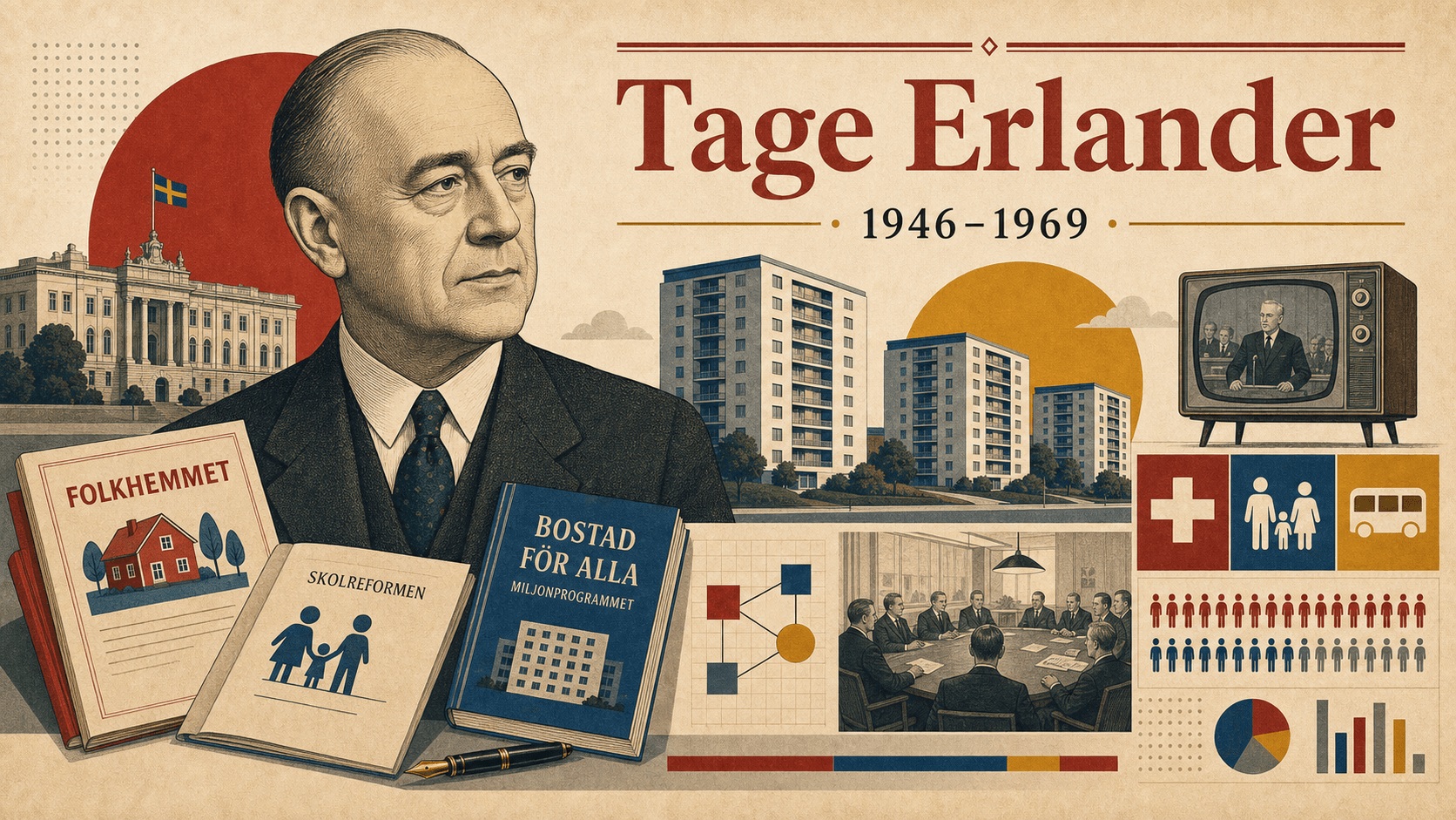 Redaktionell illustration för statsminister Tage Erlander.