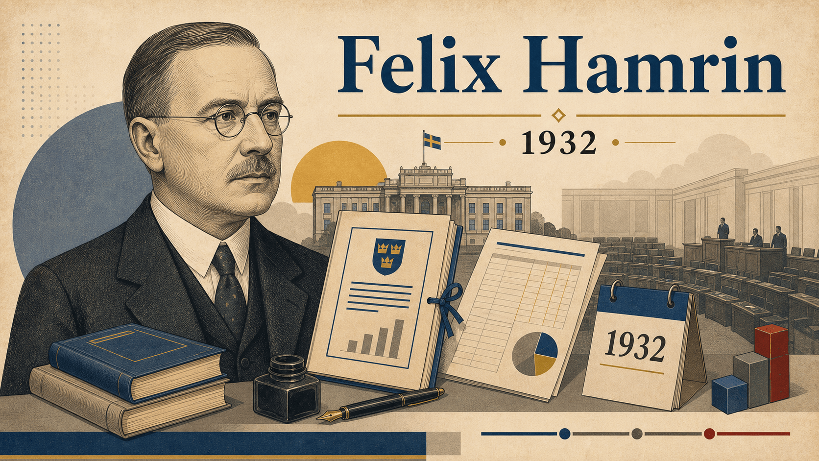 Redaktionell illustration för statsminister Felix Hamrin.