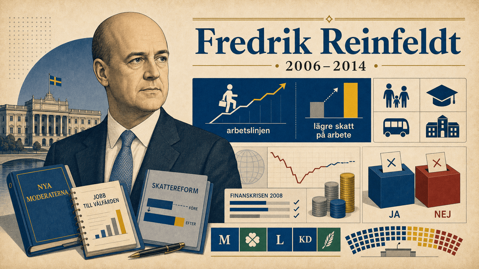 Redaktionell illustration för statsminister Fredrik Reinfeldt.